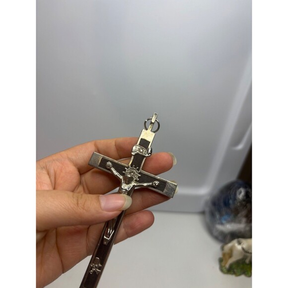 VTG MEMENTO MORI PECTORAL CRUCIFIX 5" EUROPEAN PENDANT CROSS SKULL BONE WOOD - Picture 4 of 9